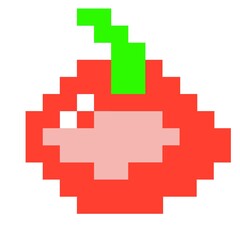 Pixel art representation of a red tomato with a green leaf, styled in a retro 8-bit design. 