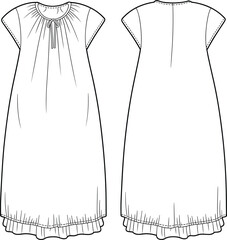 Nightgown fashion sketch front and back with ruffled hem, gathered neckline, short sleeves, cad drawing flat vector illustration template