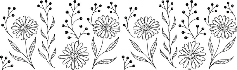 Botanical floral seamless pattern, hand-drawn black and white nature-inspired sketch, vector design template, cad drawing flat vector illustration, background art