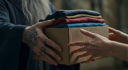 Hands exchanging a box of clothes clothes donation giving clothes