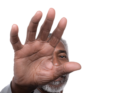 Close up of a man's hand covering his face, symbolizing secrecy, protection, or denial.