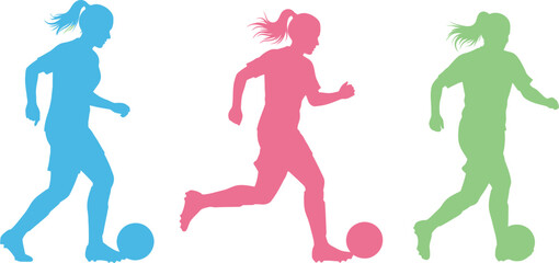 Three female soccer players in blue pink and green silhouette style