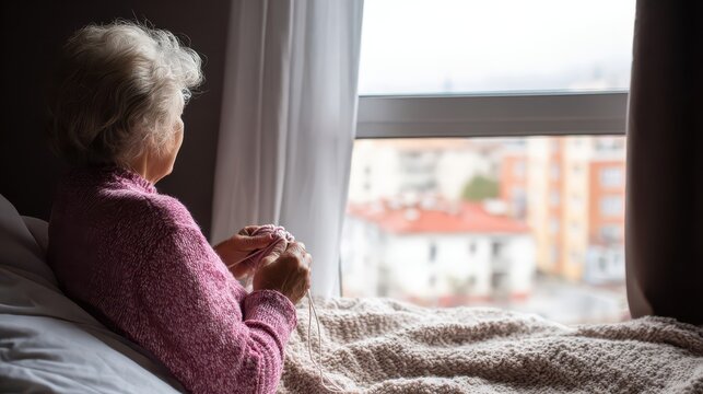Elderly woman knits by the window, lost in thought. - Powered by Adobe