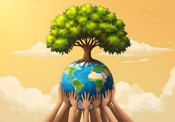 Hands holding earth globe with tree illustration