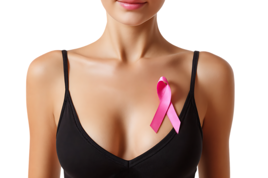 Pink ribbon on woman's chest, breast cancer awareness