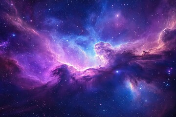 Cosmic nebula of vibrant purples, blues, and pinks.  Vast expanse of stars