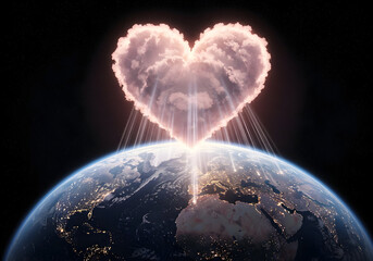 Heart shaped cloud above earth at night