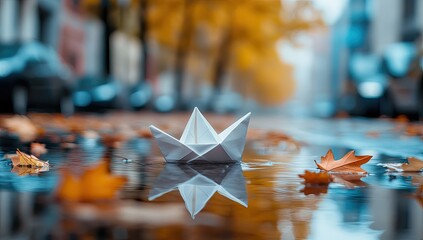 Origami boat in autumn puddle