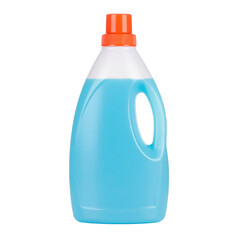 Bright blue plastic detergent bottle with orange cap and integrated handle, designed for sto cleaning liquids or laundry detergent