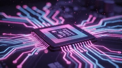 Complex circuit board with central processor unit, glowing light trails, futuristic technology and advanced hardware with data flow. - Powered by Adobe