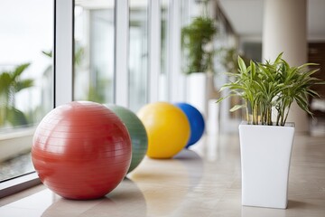 Colorful exercise balls resting beside a window
