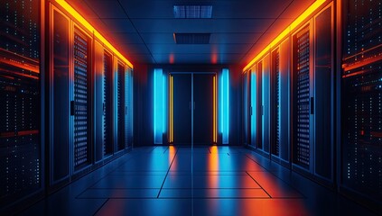 Server room lit with vibrant neon