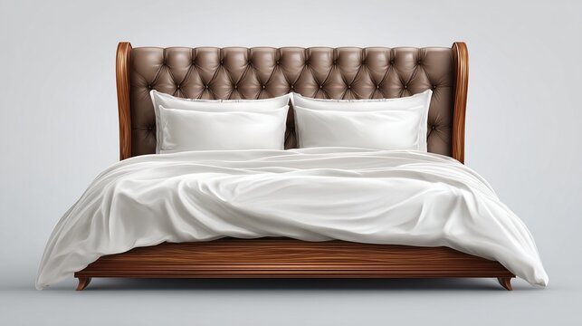 Plush bed with brown tufted headboard and white linens against a light backdrop