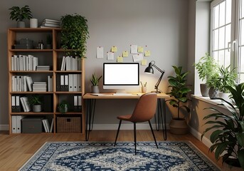 Modern And Tidy Home Office With A Wooden Desk, Computer With A Blank Screen, Bookshelf, And Numerous Houseplants, Workspace Mockup, Interior Design, Remote Work Setup