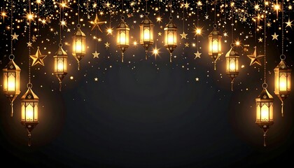 Golden lanterns, stars, and glitter adorn a dark background