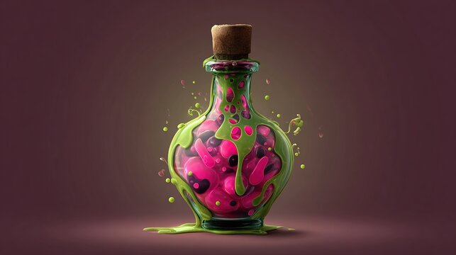 Bottle of pink beans in green ooze sealed with a cork, on brown background