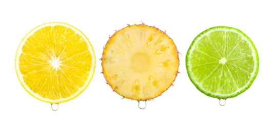 lemon, lime , pineapple slice with  Water drop isolated on transparent png ( Image from camera)