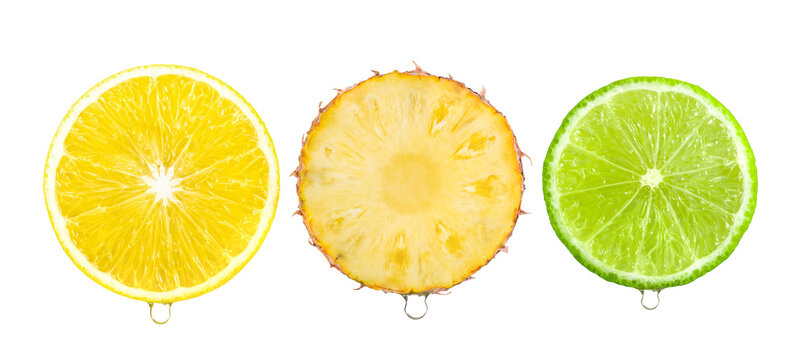 lemon, lime , pineapple slice with  Water drop isolated on transparent png ( Image from camera)