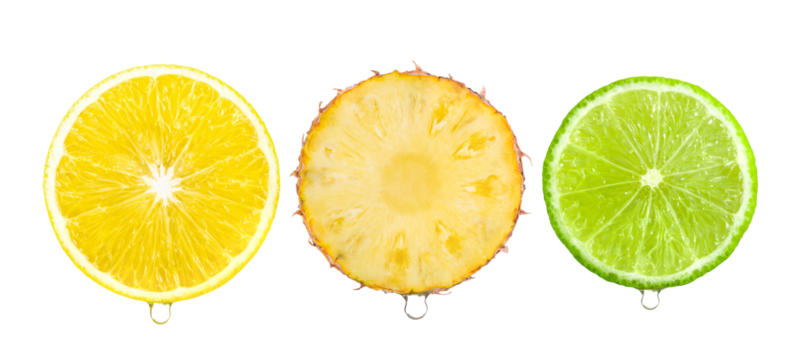 lemon, lime , pineapple slice with  Water drop isolated on transparent png ( Image from camera)