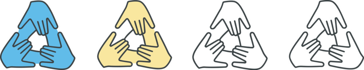 Obraz premium Colorful hands forming triangles in a row on a white background art