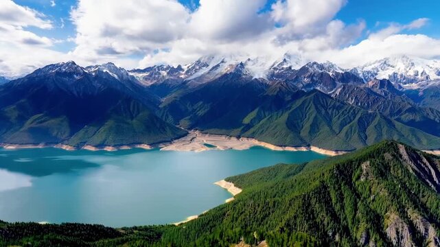 Panoramic view of the natural scenery of the mountain lake