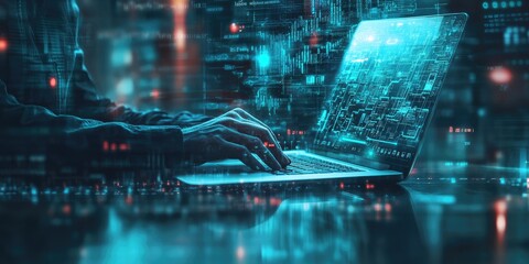 Person working on a laptop with glowing code