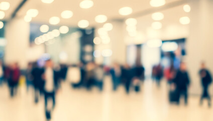 Blurred interior scene with people walking and sitting in a waiting area.