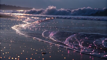 Light‑particle wave macro on glossy dark surface