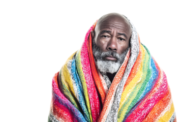 Portrait of a senior man wrapped in a colorful blanket.