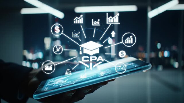 Close Up of Hand Holding Tablet Displaying Cpa Certification Icons Glowing in Night City Office Setting