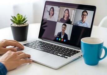 Person Engages In A Virtual Team Meeting Via Laptop, Showing Four Asian Colleagues In A Video Conference, Remote Collaboration, Online Business, Virtual Team