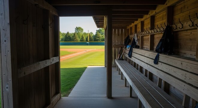 A baseball dugout with a view of the field and a bench for players waiting their turn