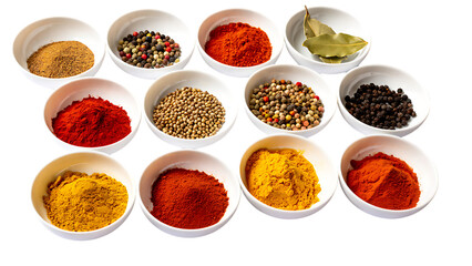 Collection of ten white bowls filled with various colorful spices and herbs isolated on transparent background