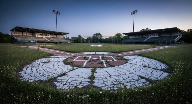 Overgrown Baseball Stadium with Destroyed Grandstands and Empty Dugouts Under a Cloudy Sky