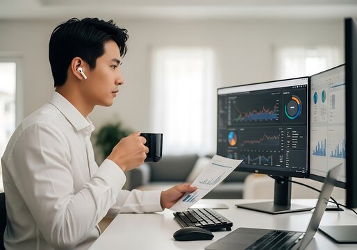 Focused Asian Financial Analyst Drinks Coffee While Examining Data Charts On Dual Monitors In His Home Office, Stock Market, Data Analysis, Remote Work