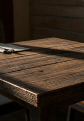 Rustic wooden table under sunlight