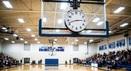 Inside a High School Gymnasium During a Basketball Game Showing a Clock