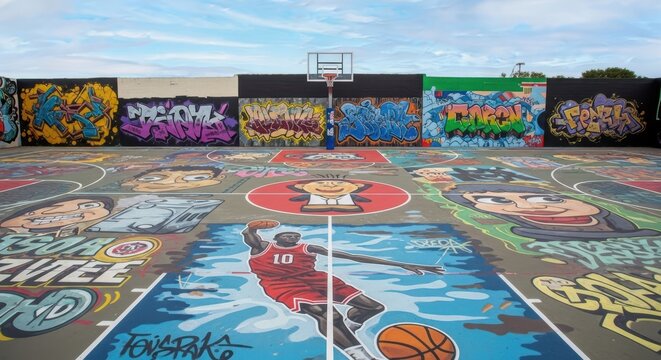 Vibrant Outdoor Basketball Court Adorned with Colorful Graffiti Art and Sports Imagery