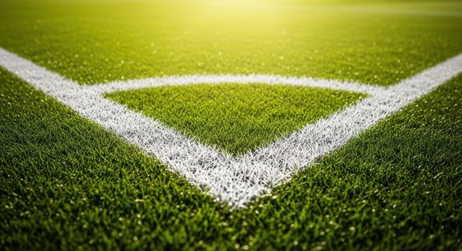 Close Up View of a Lush Green Soccer Field Corner With White Lines Under Bright Sunlight