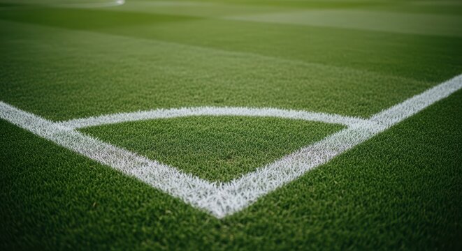 Green Soccer Field Corner With White Lines Grass And Sunlight Beautiful Sports Background