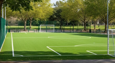 Outdoor artificial turf soccer field with goals and green trees in background