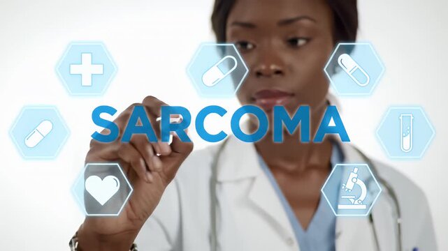 African American Doctor in White Coat Demonstrating Sarcoma with Futuristic Blue Interface and Medical Icons on a White Background