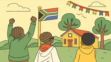 Celebrating south africa freedom day with children and flag in a happy outdoor scene illustration