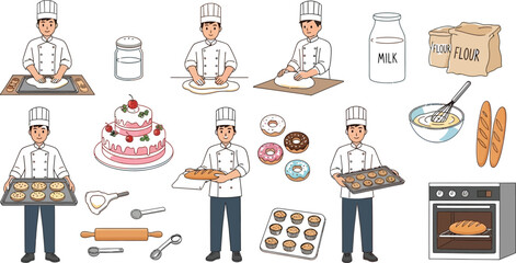 Cartoon illustration of bakers and baking related items on white background
