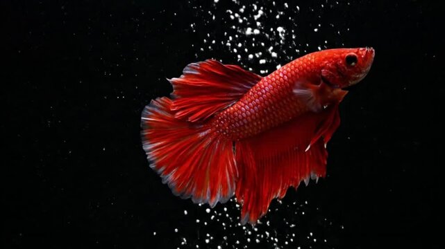 A red Betta fish swims with bubbles surrounding it against a stark black backdrop