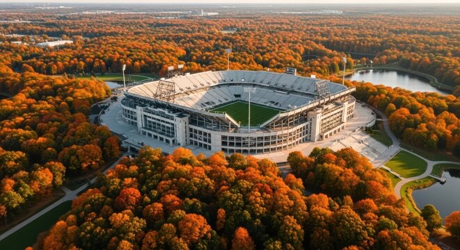 Autumn Aerial View of a Modern Sports Stadium Surrounded by Vibrant Fall Foliage and Serene Lakes