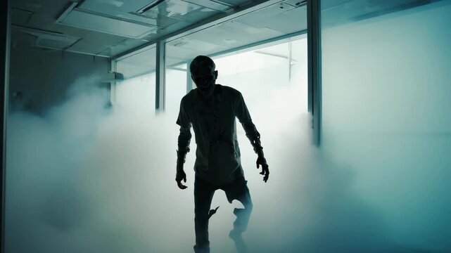 Silhouette of a Zombie Standing in the Middle of Thick Fog in an Empty Room