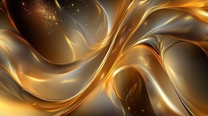 Abstract swirling gold and amber waves with glittering particles on dark background