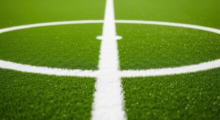 Obraz premium Detailed Close Up Of A Perfectly Marked Green Soccer Field With A Focus On The Center Circle And Kickoff Mark
