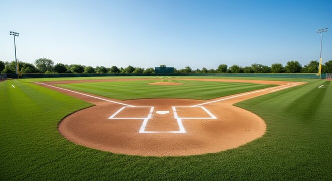Spectacular View of a Well Maintained Baseball Field Under a Clear Blue Sky